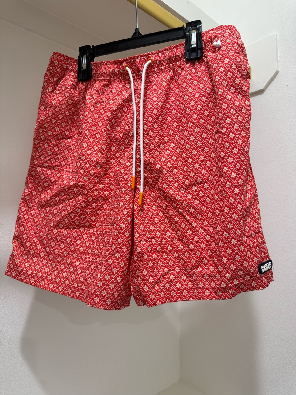 Men's Red Patterned Athletic Swim Shorts with Drawstring